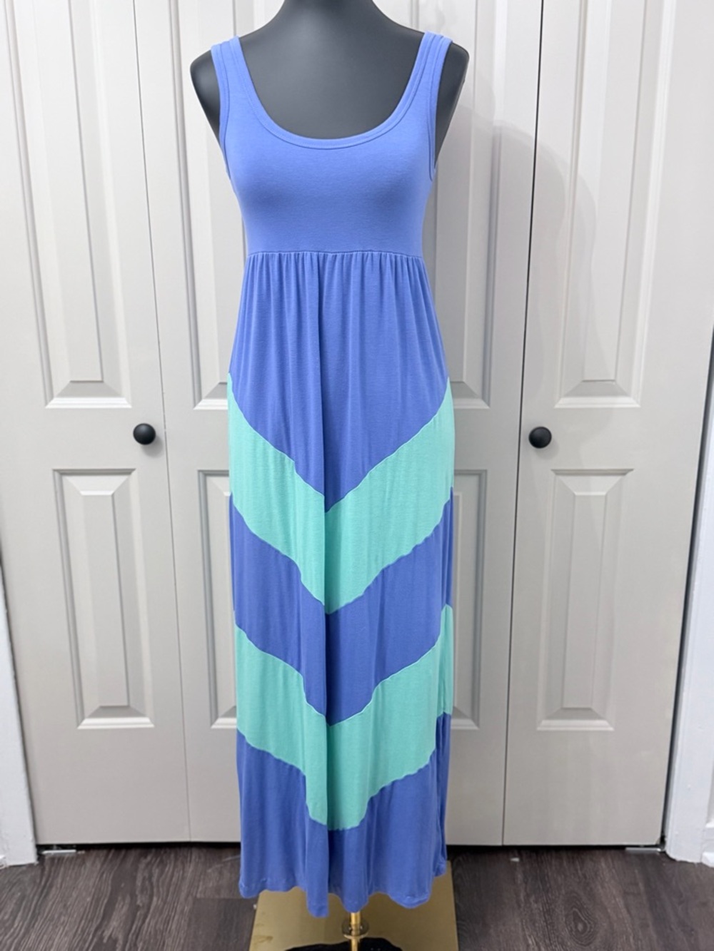 Lemon Tree Boho Chevron Maxi Dress Blue Green Sleeveless Flowy XS/S